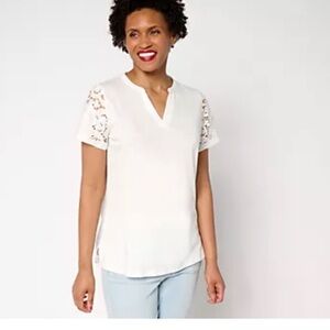 Elegant Bellisima by Kim Gravel Amazing Lace Eyelet Shoulder Knit Top White 3X